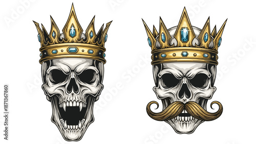 Set of two vintage-style illustrations of king skulls wearing golden crowns, one screaming with fangs and one with a mustache.