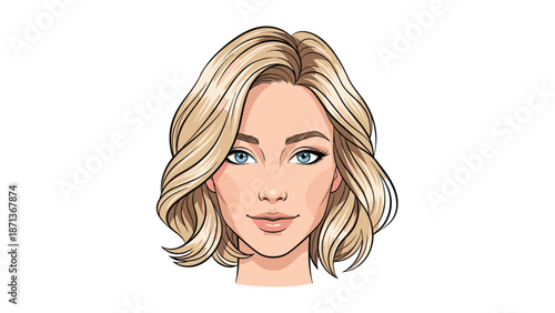 Beautifully illustrated portrait of a pretty young woman with blonde wavy hair and blue eyes, looking directly at the camera.