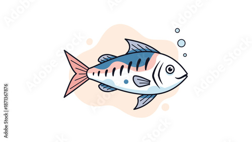 Simple and cute cartoon illustration of a colorful mackerel fish swimming in the water, with bubbles rising from its mouth.