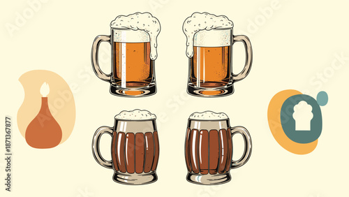 Set of four vintage-style illustrations of glass and wooden mugs filled with frothy beer, perfect for a pub or brewery menu.