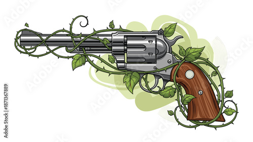 Detailed vector illustration of a classic silver revolver with a wooden grip, completely entwined with green thorny vines and leaves.