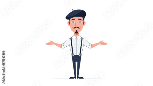 Cartoon of a classic French mime or artist with a mustache and beret, wearing suspenders and shrugging with open arms.
