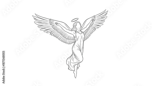 Beautiful angel with large open wings and a halo ascending to the heavens in a classic black and white line art illustration.