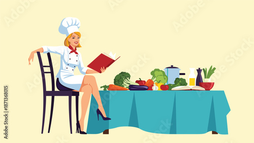 Professional female chef in uniform sitting at a table full of fresh vegetables and ingredients while reading a cookbook.