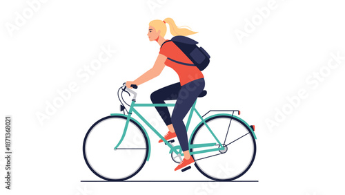 Young active woman with a blonde ponytail and a backpack riding a bicycle for transportation or exercise in a flat style.