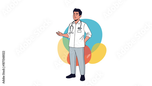 Friendly male doctor character in a white coat with a stethoscope making a welcoming gesture in a modern flat style design.