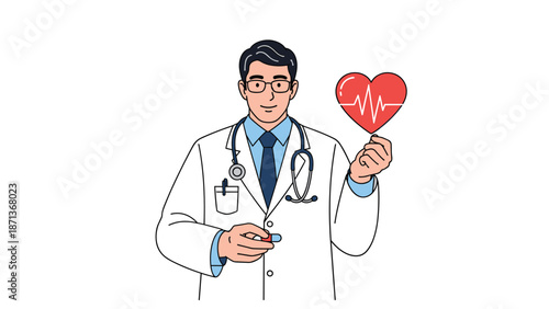 Friendly male doctor in a white coat holding a heart symbol with a cardiogram and a pill for medical treatment concept.