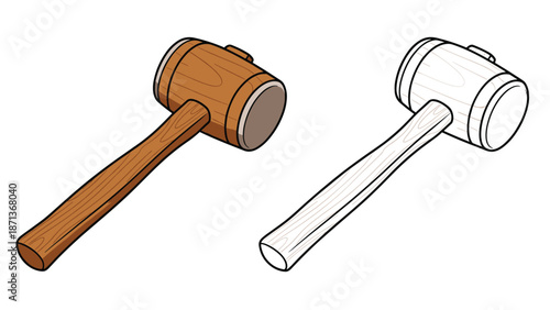 Wooden mallet or gavel tool shown in both a detailed color illustration and a black and white line art outline version.