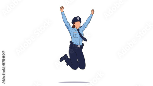 Faceless female police officer character in uniform joyfully jumping in the air to celebrate a success or victory.