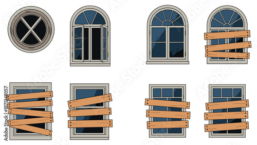 Collection of various window designs, including open, closed, and boarded up styles for abandoned or renovated buildings.