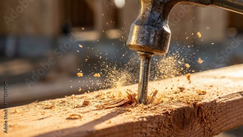 Close-up of a metal drill bit penetrating a wooden plank, creating splinters and sawdust, showcasing the woodworking process in a bright, outdoor construction environment
