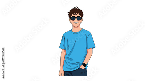 Cool and friendly young man wearing a blue t-shirt and sunglasses smiling with his hand in his pocket in a comic style.