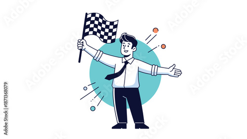 Successful businessman celebrating a victory or project completion by waving a checkered finish flag in a flat line art style.