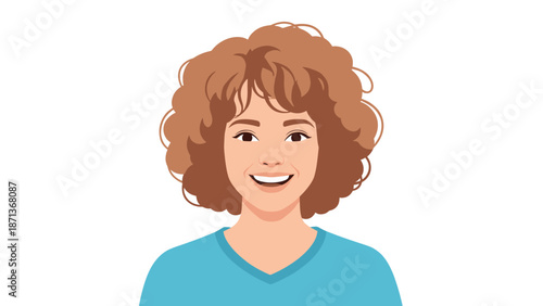 Friendly and happy smiling woman with short curly brown hair and a cheerful expression shown in a clean vector portrait.