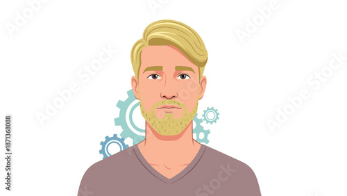 Portrait of a young man with blonde hair and a beard with gears and cogs in the background representing thought or industry.