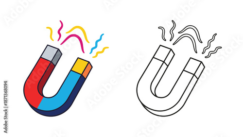 Red and blue horseshoe magnet icon representing attraction and science, shown in both color and black and white line art.