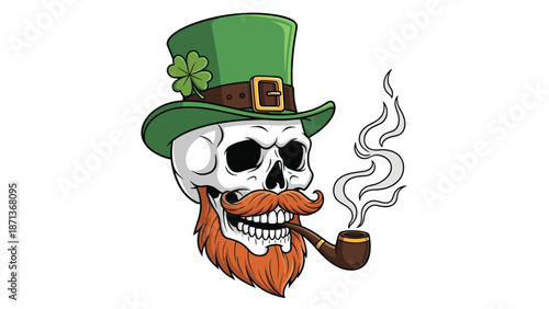 Saint Patrick's Day skull character with a red beard and leprechaun hat smoking a pipe in a fun cartoon illustration.