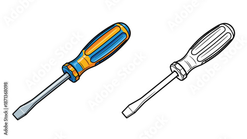 Flathead screwdriver tool for construction and repair, shown in both a colorful cartoon style and a black and white outline.