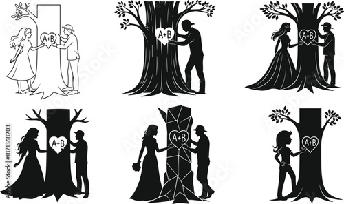 Silhouette couples beside trees with heart carvings, black vector illustration, romantic nature scene, love symbol, traditional affection concept art