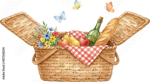 A watercolor vector illustration of a classic open wicker picnic basket