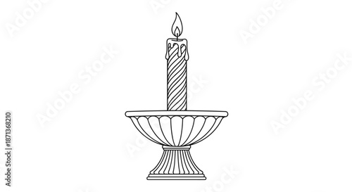 Tall lit candle on an ornate classical pedestal stand is depicted in a detailed black and white line drawing illustration.