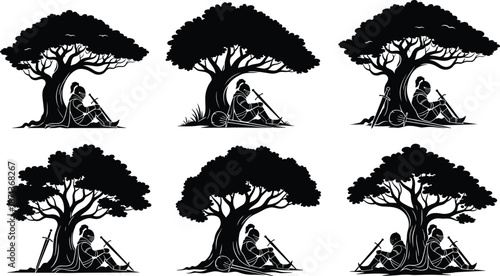Silhouette medieval knights resting under trees, black vector illustration, peaceful outdoor scene, sword and shield, nature contemplation concept art