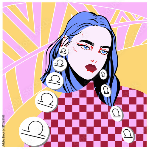 A beautiful girl as a symbol of the libra zodiac sign. Libra symbol. Vector illustration. Colorful illustration. Fashion illustration.