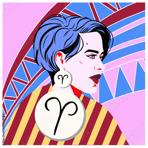 A beautiful girl as a symbol of the aries zodiac sign. Aries symbol. Vector illustration. Colorful illustration. Fashion illustration.
