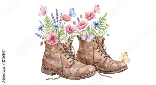  watercolor vector illustration of a pair of old, worn leather boots used as flower pots