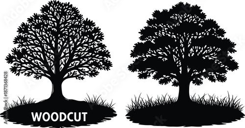 Silhouette tree illustration comparison, woodcut style vs natural foliage, black vector trees, artistic design contrast, nature concept graphic