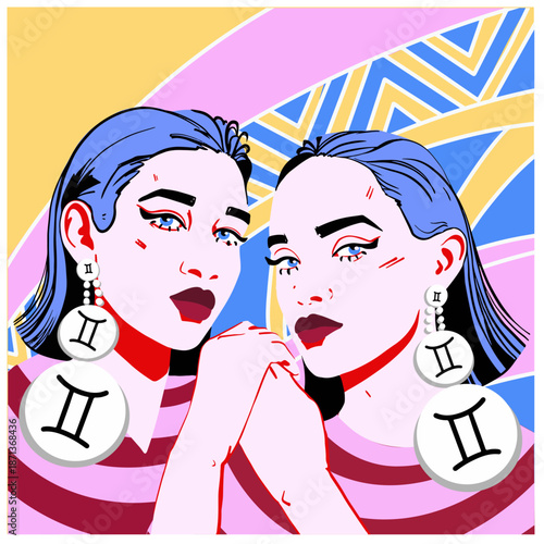 A beautiful girl as a symbol of the gemini zodiac sign. Gemimi symbol. Vector illustration. Colorful illustration. Fashion illustration.