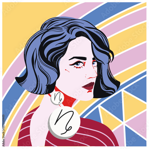 A beautiful girl as a symbol of the Capricon zodiac sign. Capricon symbol. Vector illustration. Colorful illustration. Fashion illustration.