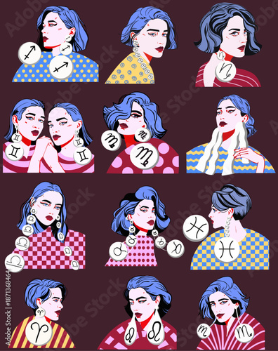 A beautiful girls as a set of the all zodiac signs. All zodiac symbols. Vector illustration. Colorful illustration. Fashion illustration. Isolated illustrations.