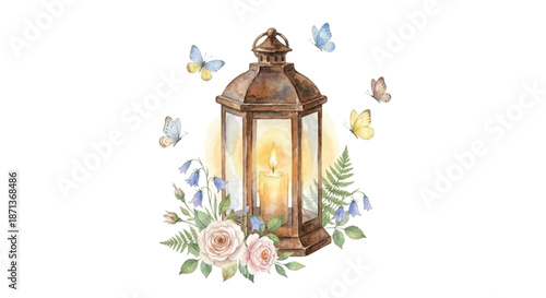 A watercolor vector illustration of a rustic metal and glass lantern