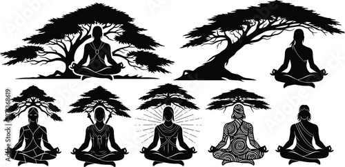 Meditative figures with symbolic trees, energy flow silhouette, spiritual nature connection, black vector art, mindfulness and growth illustration