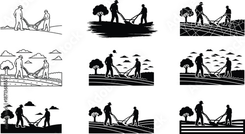 Traditional farmers plowing field silhouette, teamwork in agriculture, black vector art, rural labor scene, cultural farming illustration