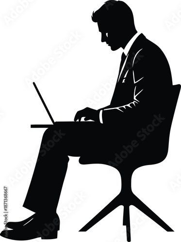 Silhouette of a focused businessman in a suit sitting down while diligently typing on a modern laptop computer isolated on a clean white background for concept design