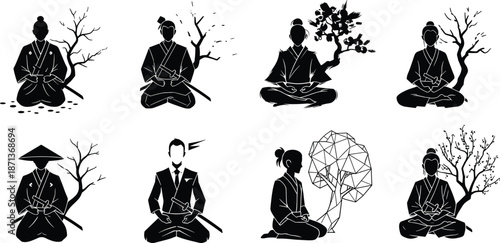 Seated figures with trees silhouette, samurai and kimono pose, nature contemplation scene, black vector art, cultural meditation illustration