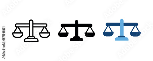 Scales of justice icons in black and blue variations on white background