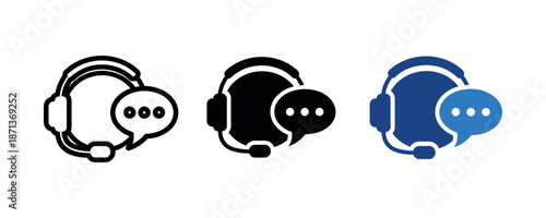 Headset icon set: black, blue, and monochrome communication symbols