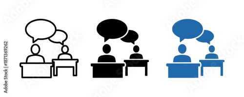 Icon set: two people conversing at desk with speech bubbles