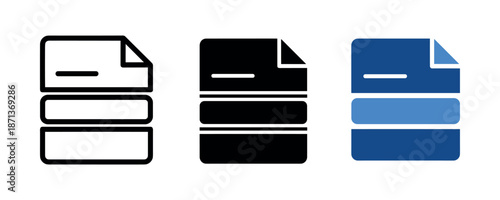 Data storage icons: outline, solid, and color variations in black and blue