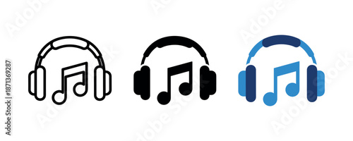 Music note with headphones icon set in black and blue variations
