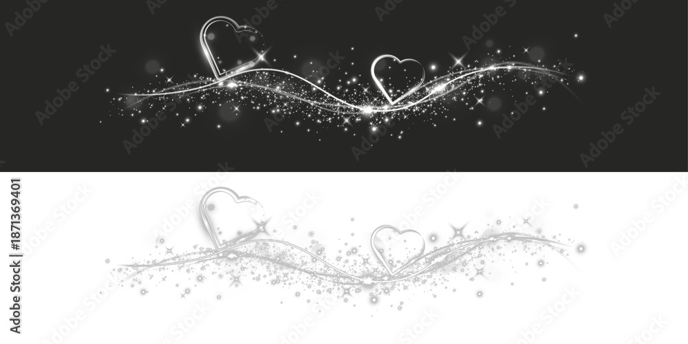 Obraz premium Light sparkling wave with glowing hearts and glitter particles on dark background.