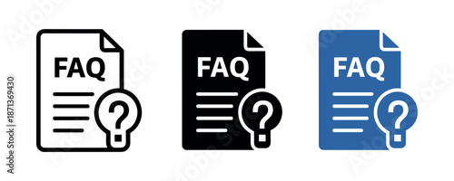 Faq document icons: monochrome and blue variations with question marks