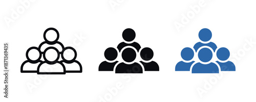 Group icon set in black and blue - three variations of teamwork symbols