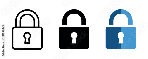 Set of three padlock icons in outline, solid, and flat styles