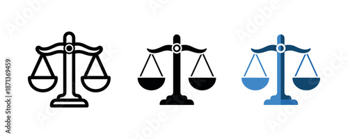 Three balance scale icons in black and blue variants on white background