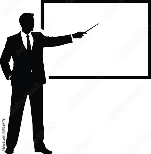 Silhouette of a professional businessman in a suit pointing directly towards a blank presentation screen or whiteboard ready for content insertion and visual explanation