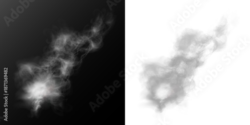 Realistic white smoke plume with soft glow on black background.